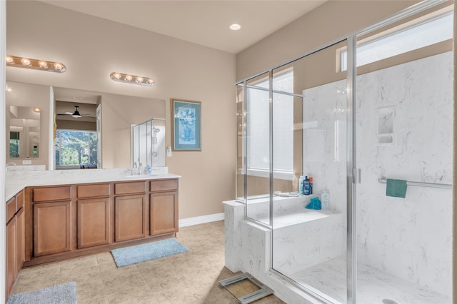 bathroom with tile patterned flooring, ornamental molding, ceiling fan, and a shower with shower door