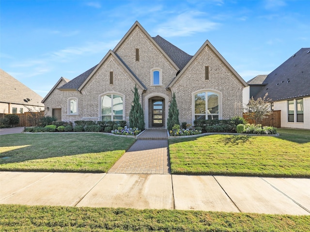 french provincial home featuring a front lawn