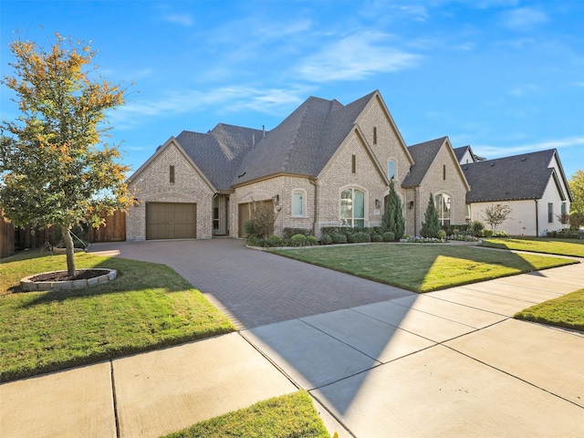 french country style house with a front yard and a garage