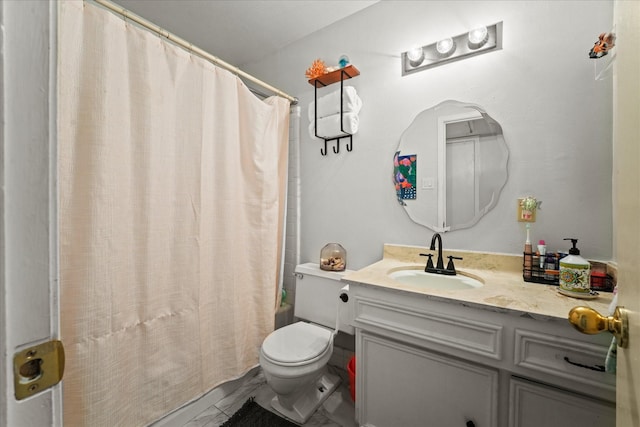 full bathroom featuring shower / bath combo, vanity, and toilet