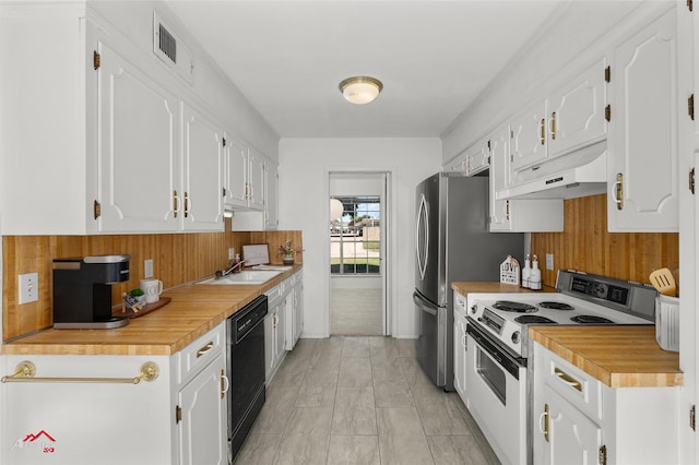 kitchen with dishwasher, white cabinets, and white electric stove