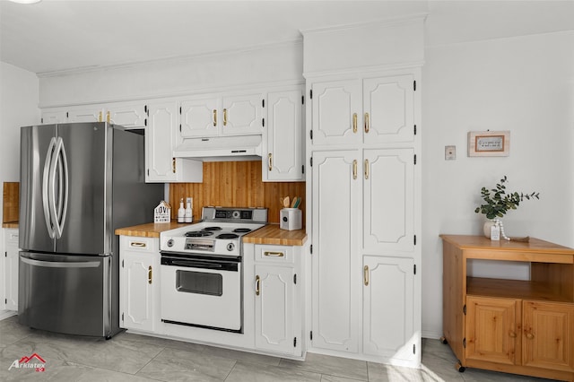 kitchen with white range with electric stovetop, white cabinetry, ornamental molding, and stainless steel refrigerator