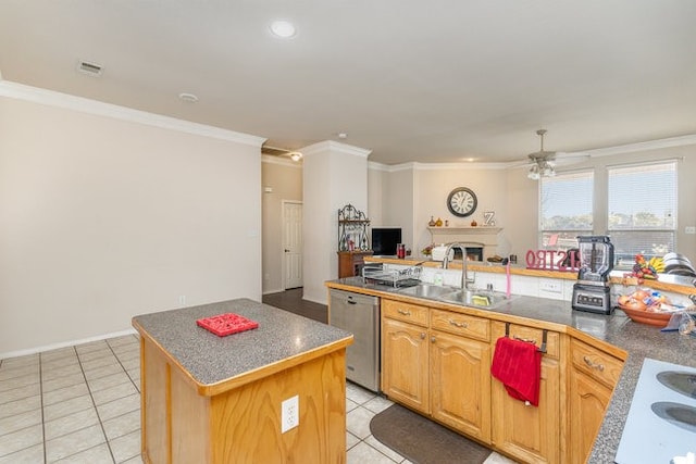 kitchen featuring dishwasher, sink, light tile patterned flooring, a kitchen island, and ornamental molding