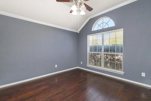 spare room with wood-type flooring, vaulted ceiling, ceiling fan, and crown molding