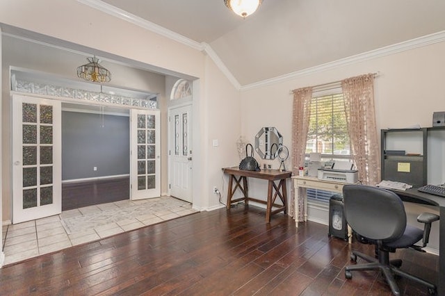 office space featuring french doors, crown molding, lofted ceiling, and hardwood / wood-style floors