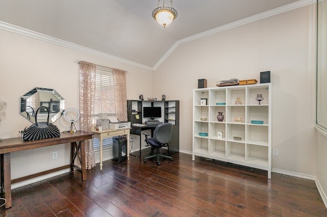 office space with dark hardwood / wood-style floors, vaulted ceiling, and crown molding