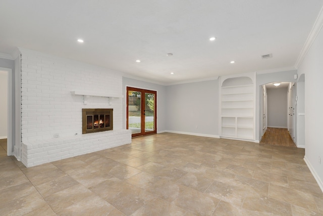 unfurnished living room featuring a fireplace, built in shelves, and ornamental molding