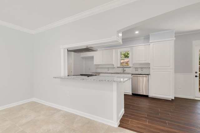 kitchen with white cabinetry, dishwasher, sink, decorative backsplash, and ornamental molding