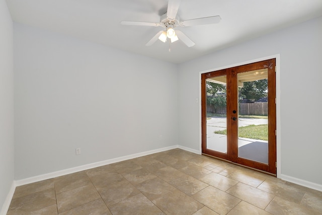 doorway to outside with ceiling fan, french doors, and light tile patterned floors