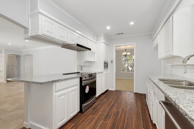 kitchen featuring white cabinetry, light stone countertops, sink, dark hardwood / wood-style floors, and appliances with stainless steel finishes