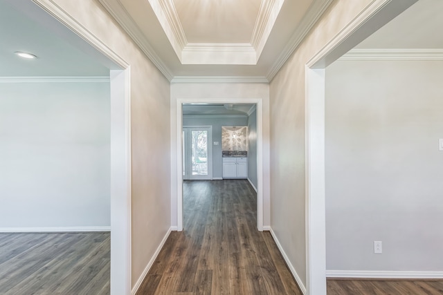 hall featuring dark wood-type flooring and ornamental molding