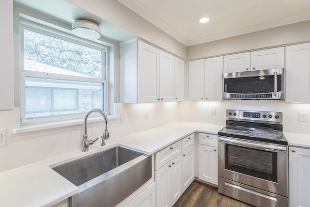 kitchen with stainless steel appliances, white cabinetry, and sink