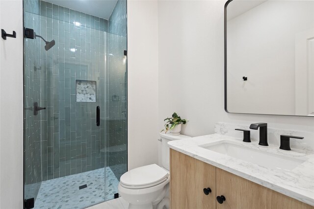 bathroom with vanity, toilet, and walk in shower