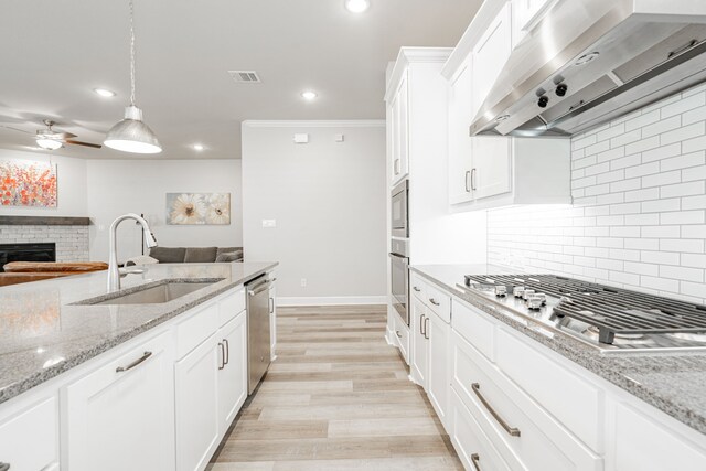 kitchen featuring white cabinetry, ventilation hood, backsplash, light wood-type flooring, and appliances with stainless steel finishes