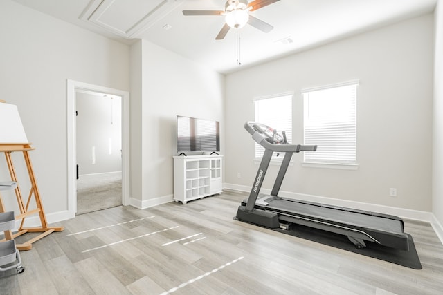 workout room featuring ceiling fan and light hardwood / wood-style flooring