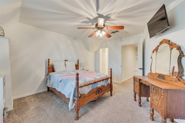 bedroom with light colored carpet and ceiling fan