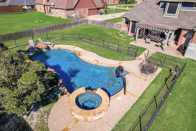 view of swimming pool featuring a lawn, an in ground hot tub, a pergola, and a patio