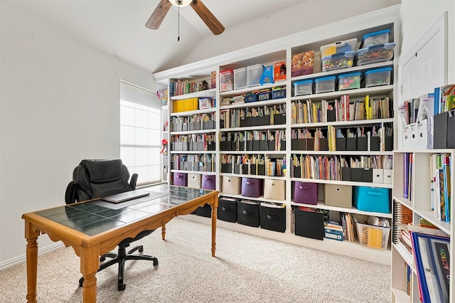 home office with ceiling fan, lofted ceiling, and carpet flooring