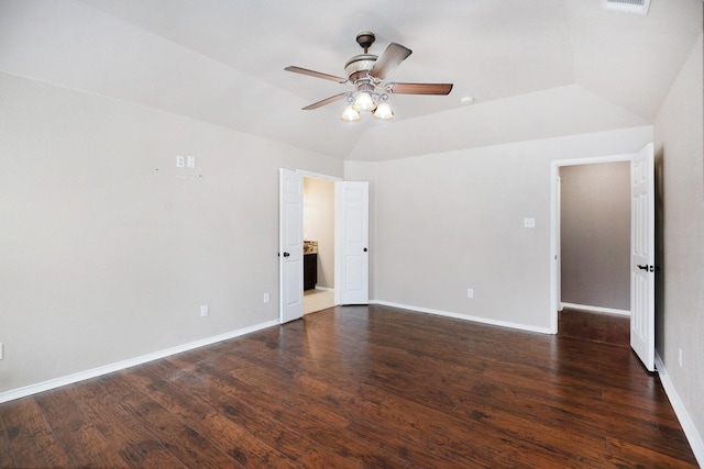 unfurnished room with ceiling fan and dark hardwood / wood-style flooring