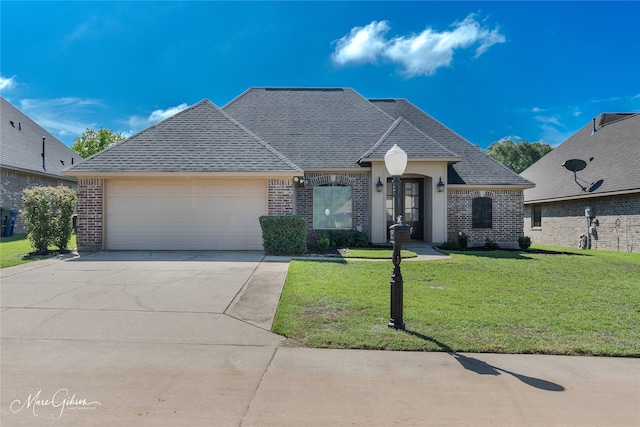 french provincial home with a front yard and a garage