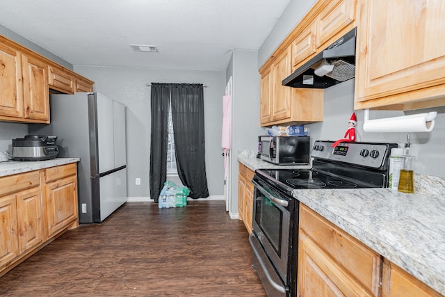 kitchen with ventilation hood, dark hardwood / wood-style flooring, light brown cabinetry, and appliances with stainless steel finishes