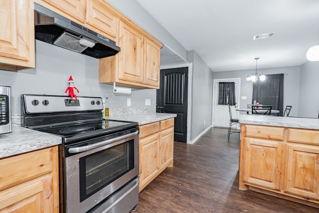 kitchen featuring pendant lighting, light brown cabinets, dark wood-type flooring, appliances with stainless steel finishes, and a chandelier