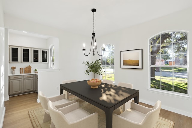 dining room with a chandelier, light hardwood / wood-style floors, and a wealth of natural light