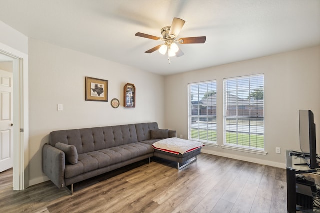 living room with hardwood / wood-style floors and ceiling fan