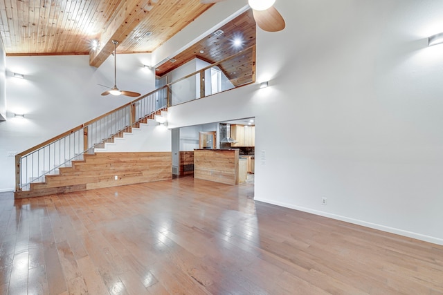 unfurnished living room featuring high vaulted ceiling, hardwood / wood-style flooring, ceiling fan, beamed ceiling, and wood ceiling