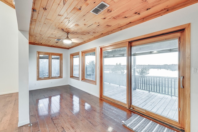 doorway to outside with ceiling fan, wooden ceiling, crown molding, a water view, and hardwood / wood-style flooring