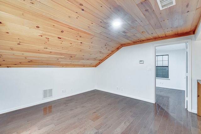 additional living space with dark hardwood / wood-style flooring, wooden ceiling, and lofted ceiling