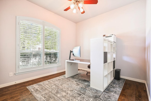 office with dark hardwood / wood-style flooring and ceiling fan