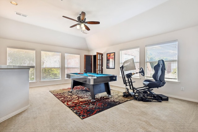 playroom with billiards, vaulted ceiling, plenty of natural light, and ceiling fan