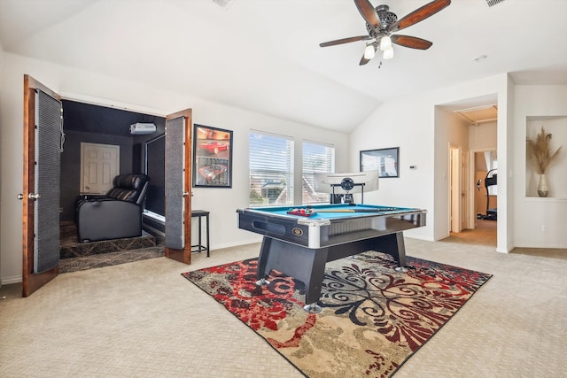 recreation room with ceiling fan, light colored carpet, lofted ceiling, and billiards