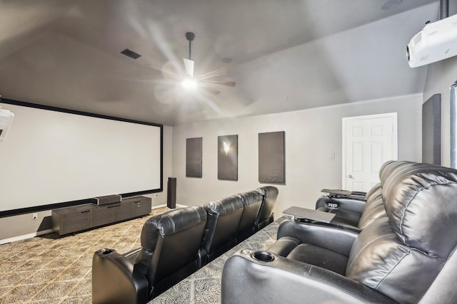 cinema featuring carpet floors, vaulted ceiling, and ceiling fan