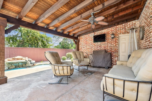 view of patio / terrace featuring ceiling fan and an outdoor hangout area