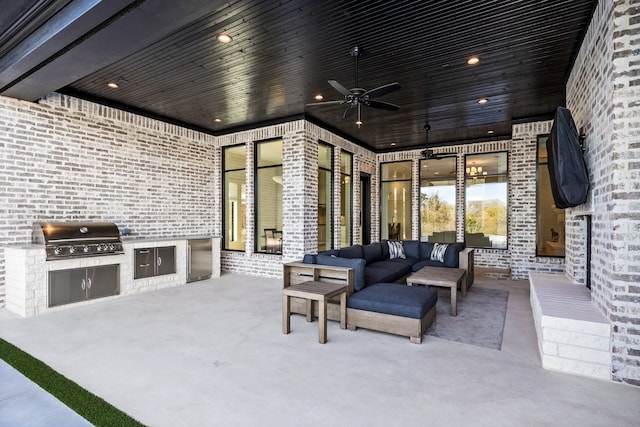 view of patio / terrace featuring area for grilling, ceiling fan, and outdoor lounge area