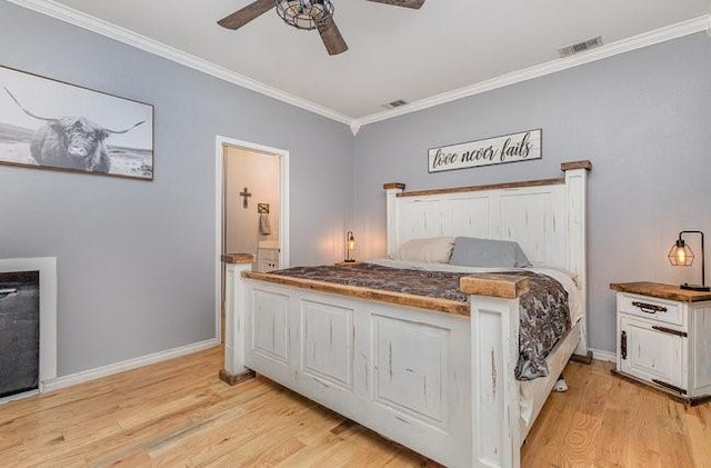 bedroom with ornamental molding, ensuite bathroom, ceiling fan, and light hardwood / wood-style floors