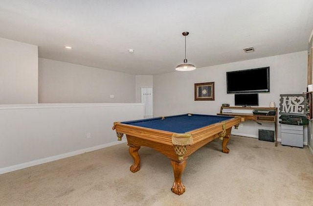 rec room with light colored carpet and pool table