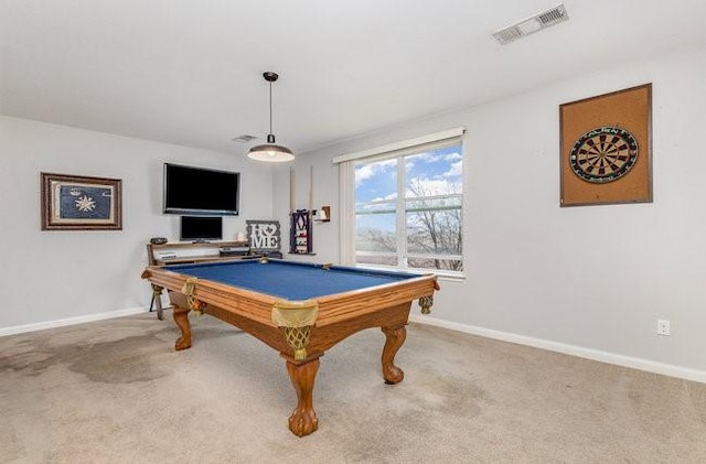 playroom featuring light carpet and billiards