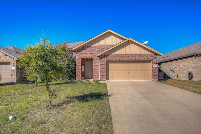 ranch-style house with a front yard and a garage