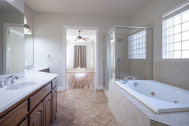 4844 Exposition Way, Fort Worth, TX 76244 - full bathroom with a stall shower, vanity, a jetted tub, tile patterned flooring, and ceiling fan