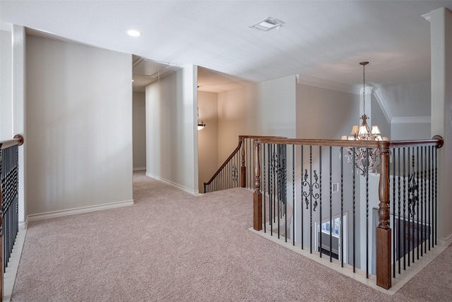 4844 Exposition Way, Fort Worth, TX 76244 - corridor featuring an upstairs landing, attic access, carpet floors, a chandelier, and baseboards