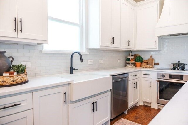 kitchen with sink, premium range hood, backsplash, white cabinetry, and stainless steel appliances