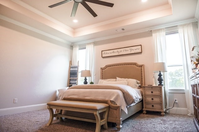 carpeted bedroom featuring multiple windows, a tray ceiling, and ceiling fan