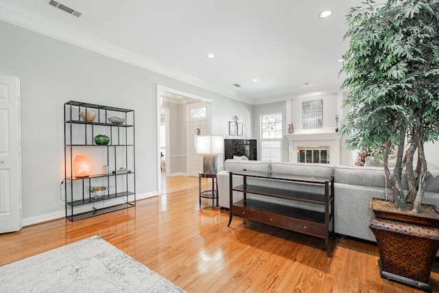 living room with hardwood / wood-style floors and crown molding