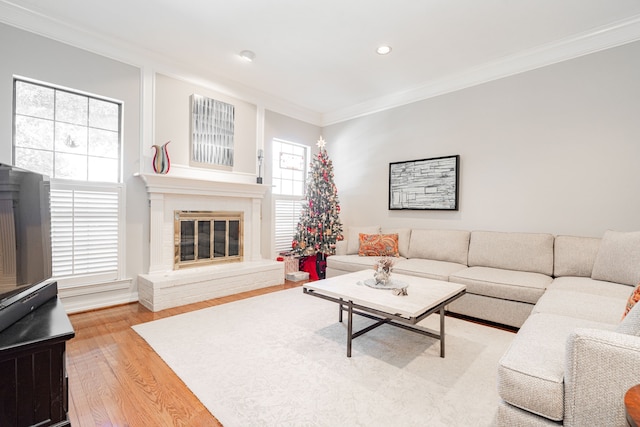 living room with a glass covered fireplace, crown molding, recessed lighting, and wood finished floors