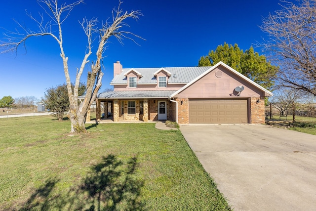 view of front of house with covered porch, a front yard, and a garage