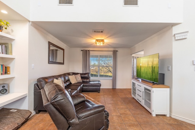 living room with crown molding, built in features, and light tile patterned floors