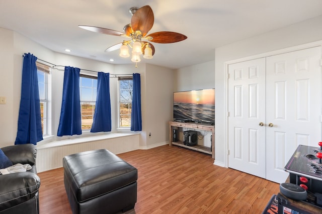 living room with ceiling fan and wood-type flooring